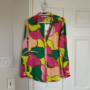 Zara Printed Button Down Satiny Shirt